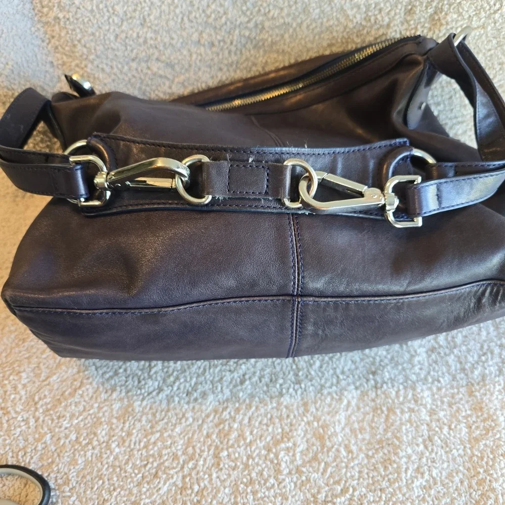 Ted Baker Leather Hobo Shoulder Bag Purse Dark Purple Plum Buckle Accents